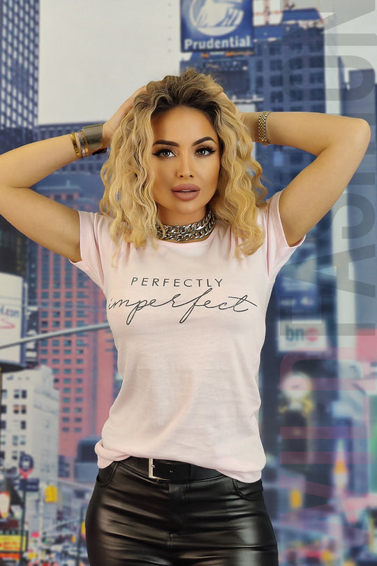 Tricou casual cu imprimeu text perfectly imperfect U832-5112