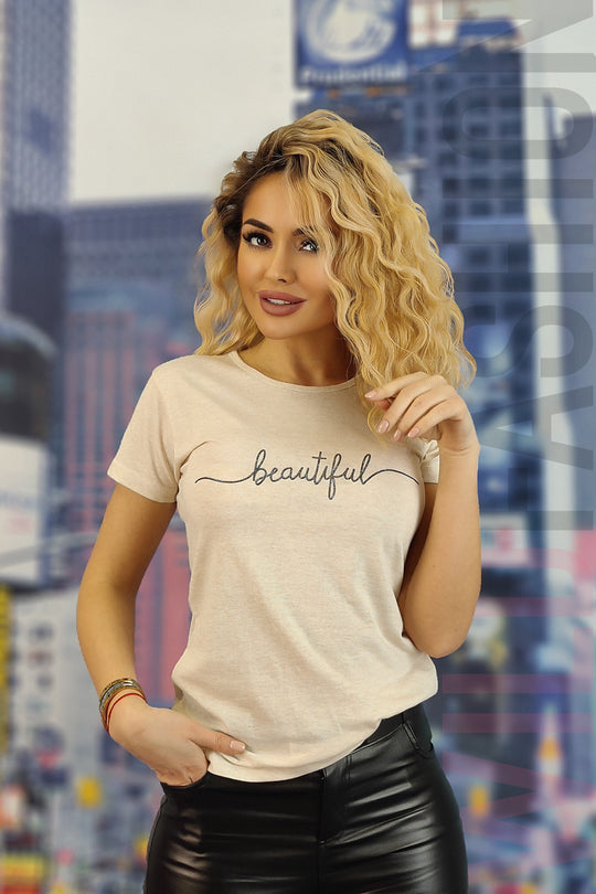 Tricou casual cu imprimeu text beautiful U833-152
