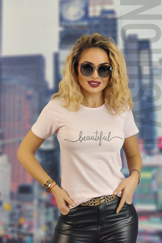 Tricou casual cu imprimeu text beautiful U833-5112