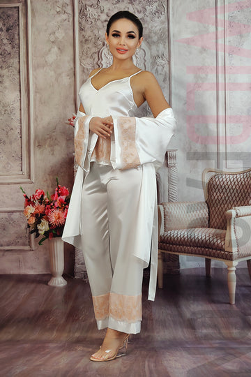 Set 3 piese lenjerie eleganta tip pijama din maieu pantaloni lungi si halat V581RR-2