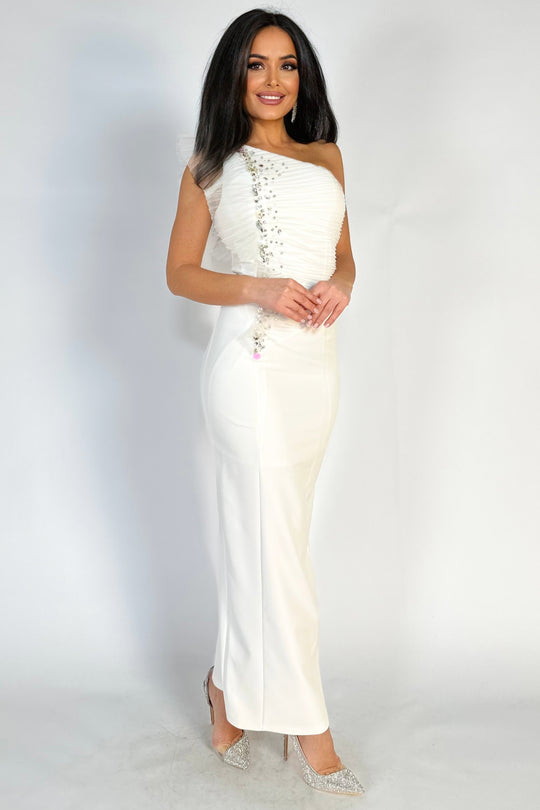 Rochie lunga eleganta, pe un umar, accesorizata cu pietre strasuri si paiete V595-2