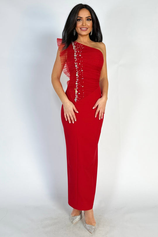 Rochie lunga eleganta, pe un umar, accesorizata cu pietre strasuri si paiete V595-3