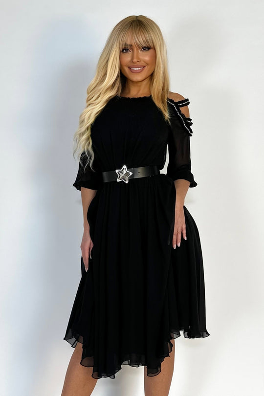 Rochie lunga casual/elegant cu maneci treisfert si accesorizata cu strasuri V598-1