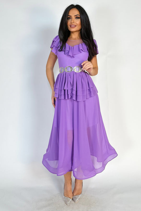 Rochie lunga eleganta fara maneci accesorizata cu volanase si peplum V599-10