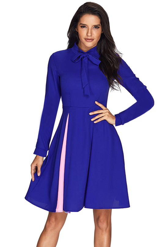 Rochie albastra casual cu maneci lungi si guler inalt V612-4