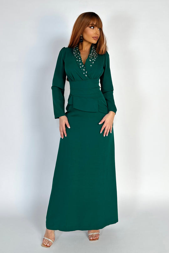 Rochie lunga eleganta, de ocazie accesorizata cu strasuri si pietricele V635-12