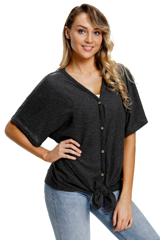 Bluza cu maneci scurte decolteu in V si prindere cu nasturi V669-1