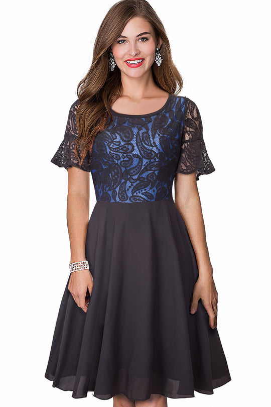 Rochie eleganta stil retro cu pliuri si maneci dantelate V845-141