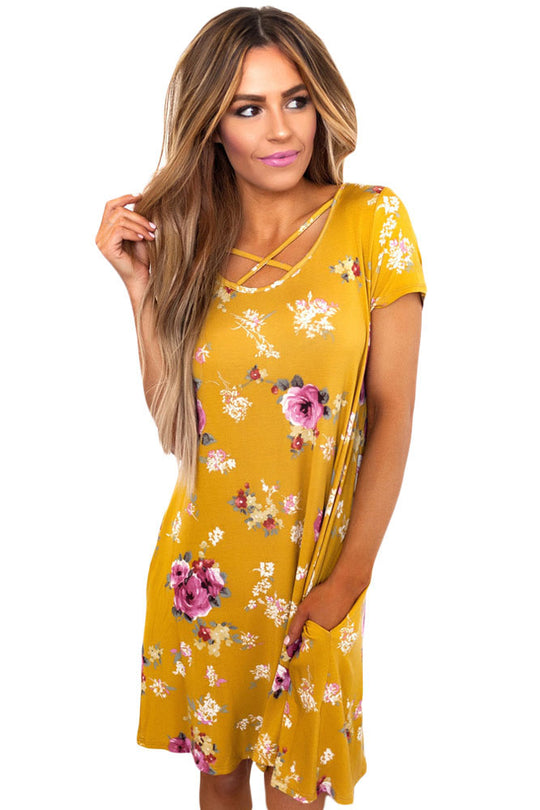 Rochie galbena, de vara, cu print floral si maneci scurte W564-991