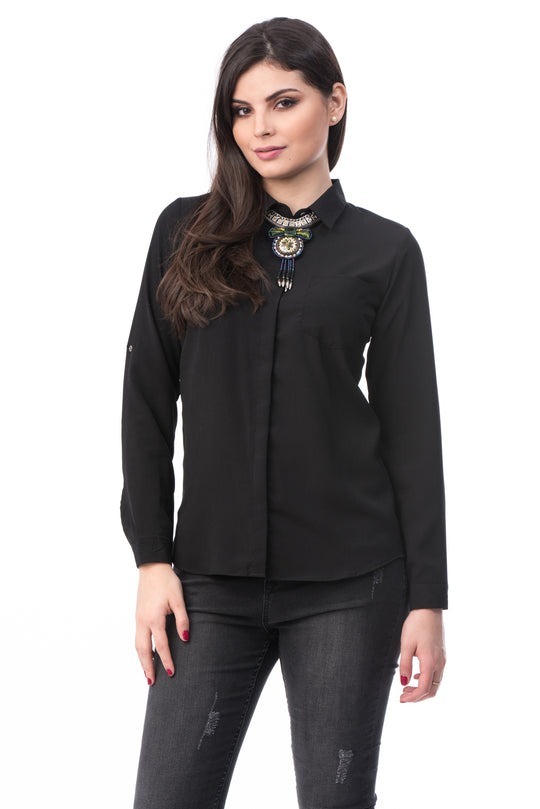 W613-1 Camasa neagra  stil office  cu maneci lungi si colier cu pietre colorate