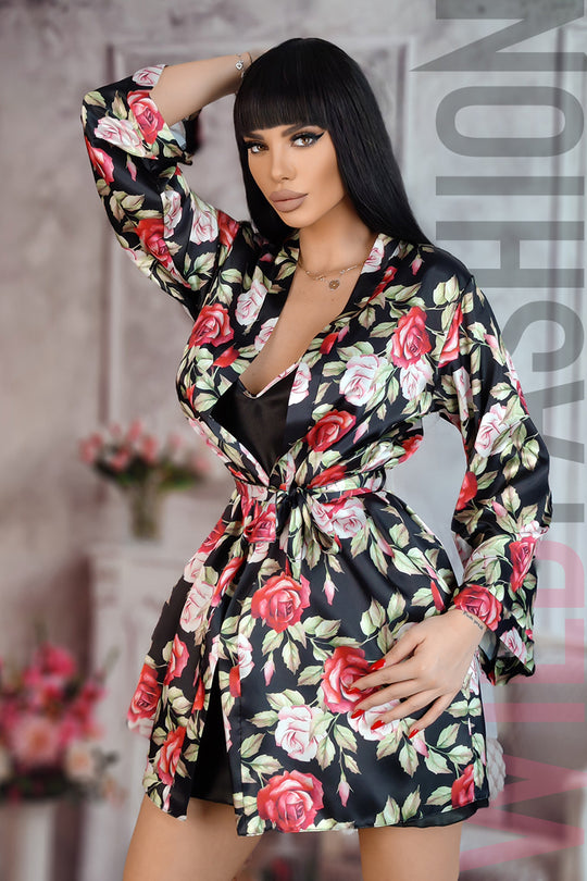 Set 2 piese lenjerie casual din desu si halat cu material satinat si print floral X709-1