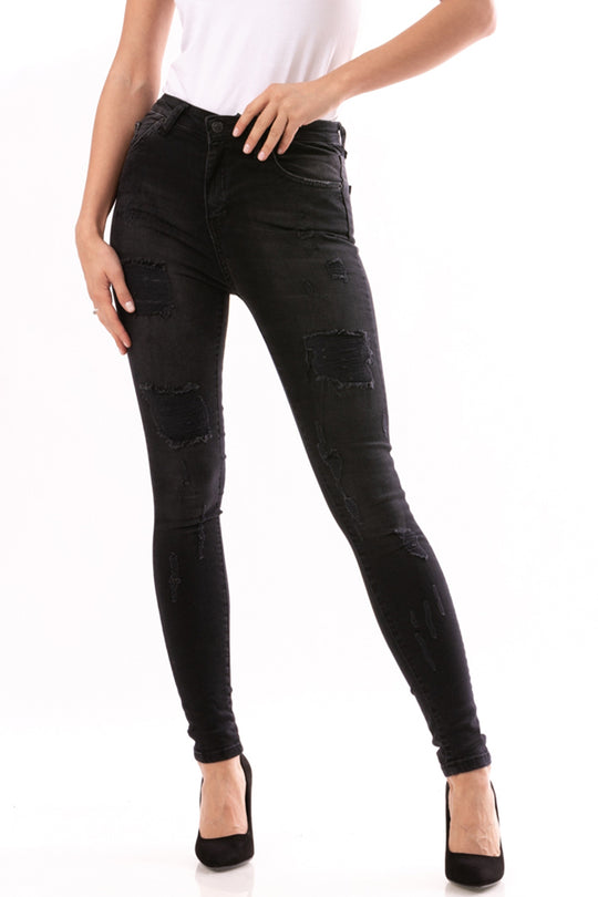 Blugi casual cu talie inalta buzunare laterale si taieturi X754-1