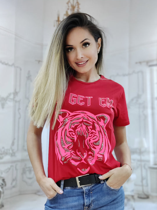 Tricou oversize cu imprimeu tigru accesorizat cu strasuri Y583-3