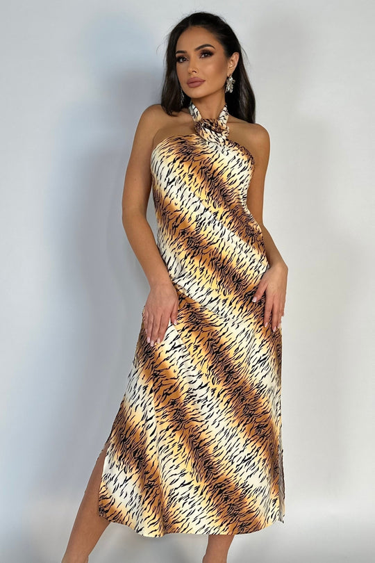 Rochie midi casual, fara maneci, cu prindere dupa gat si print model tigru Y637-100