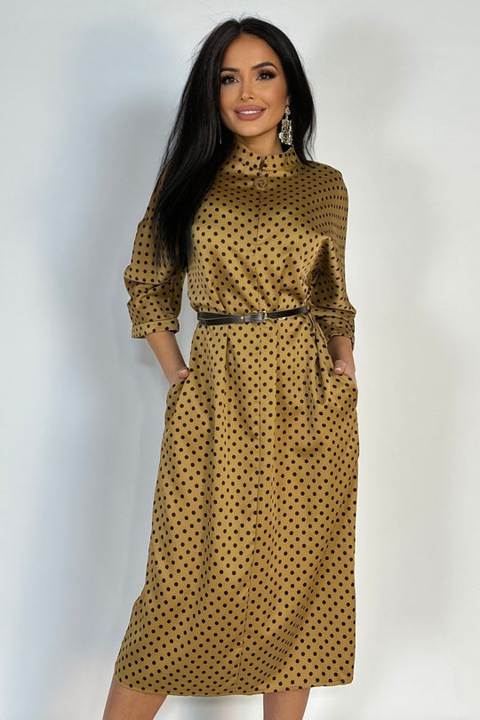 Rochie lunga fashion plus size cu maneci treisfert si imprimeu cu buline Y651-100