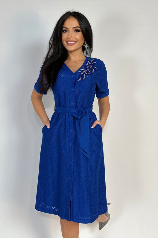 Rochie midi casual din broderie perforata accesorizata cu margele Y659-4