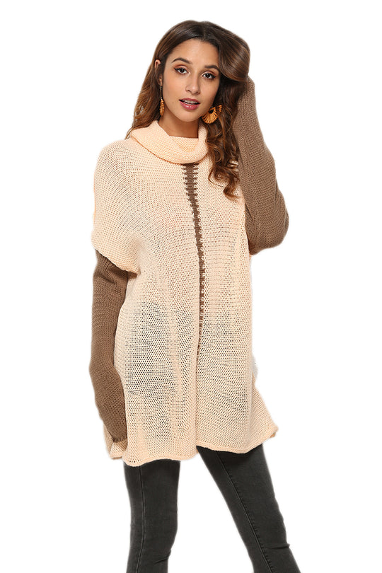 Pulover lung tricotat in doua culori cu guler lejer Y736-15