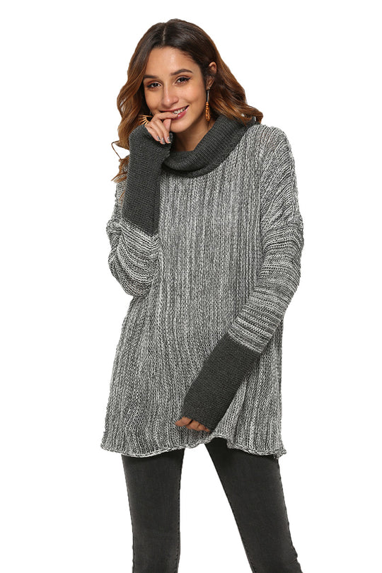 Pulover lung tricotat in doua nuante cu guler lejer Y737-181