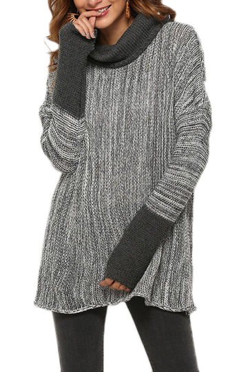 Pulover lung tricotat in doua nuante cu guler lejer Y737-181