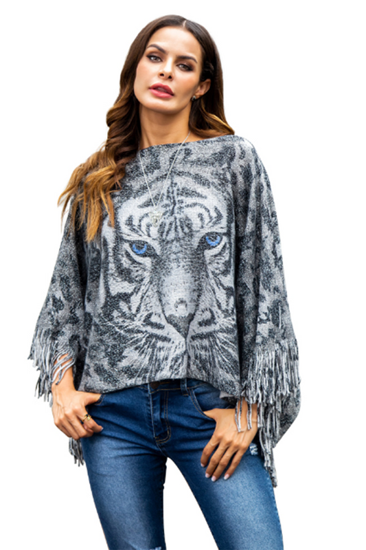 Bluza tip poncho model animal print cu franjuri Y745-18