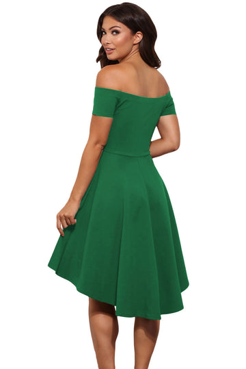 B516-12 Rochie skater asimetrica, de cocktail, cu decolteu bardot