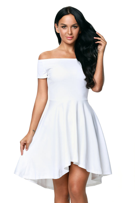 B516-2 Rochie skater asimetrica, de cocktail, cu decolteu bardot