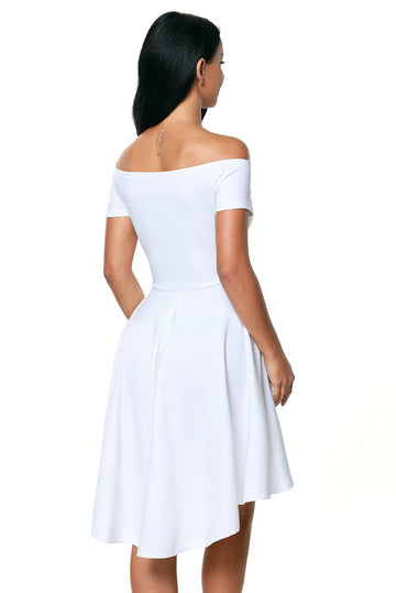 B516-2 Rochie skater asimetrica, de cocktail, cu decolteu bardot