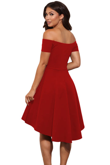 B516-3 Rochie skater asimetrica, de cocktail, cu decolteu bardot
