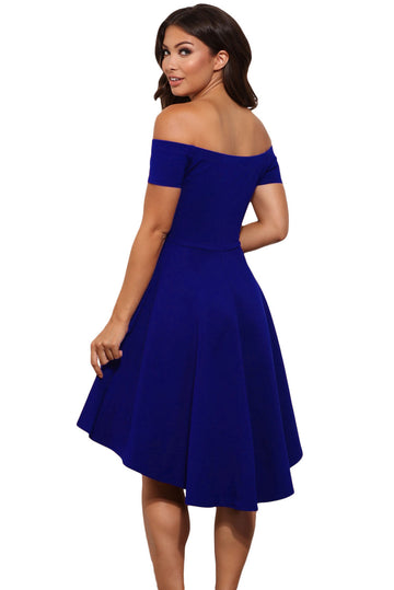 B516-4 Rochie skater asimetrica, de cocktail, cu decolteu bardot