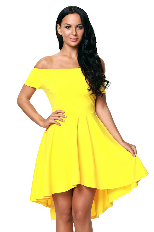 B516-9D Rochie skater asimetrica, de cocktail, cu decolteu bardot