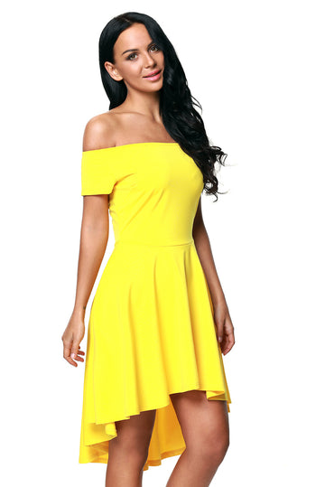B516-9D Rochie skater asimetrica, de cocktail, cu decolteu bardot