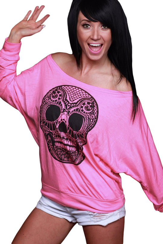 BL903-55 Bluza casual cu umerii goi si imprimeu craniu