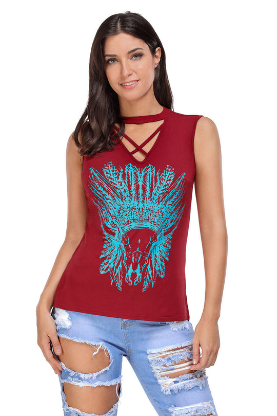 Maiou casual asimetric cu imprimeu si decupaj in V cu bretele in zona decolteului BL924-81