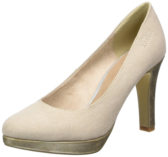 Pantofi din imitatie piele intoarsa bej si toc conic cu aspect lucios CH2548-155