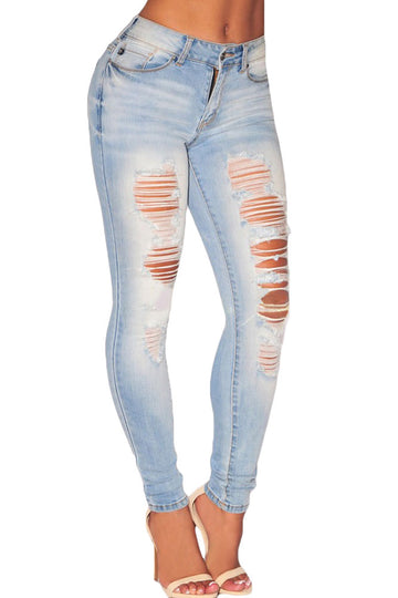 Jeans Skinny cu talie medie si rupturi decorative CL551
