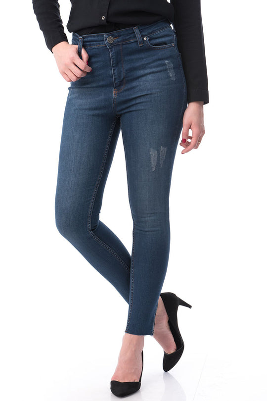 Blugi albastri stil smart casual cu talie inalta si buzunare CL717-444