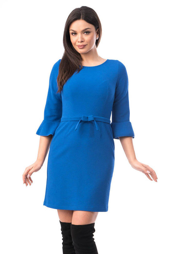 Rochie albastra stil office accesorizata cu fundita in talie F584-4