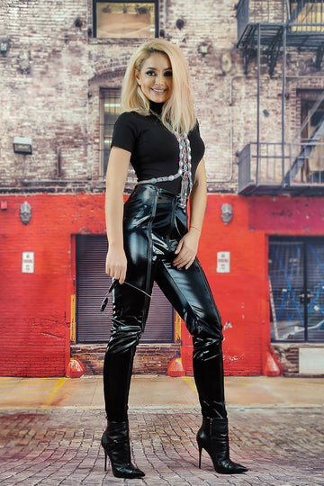 Pantaloni din vinil lucios cu deschideri multiple din fermoare F749-1