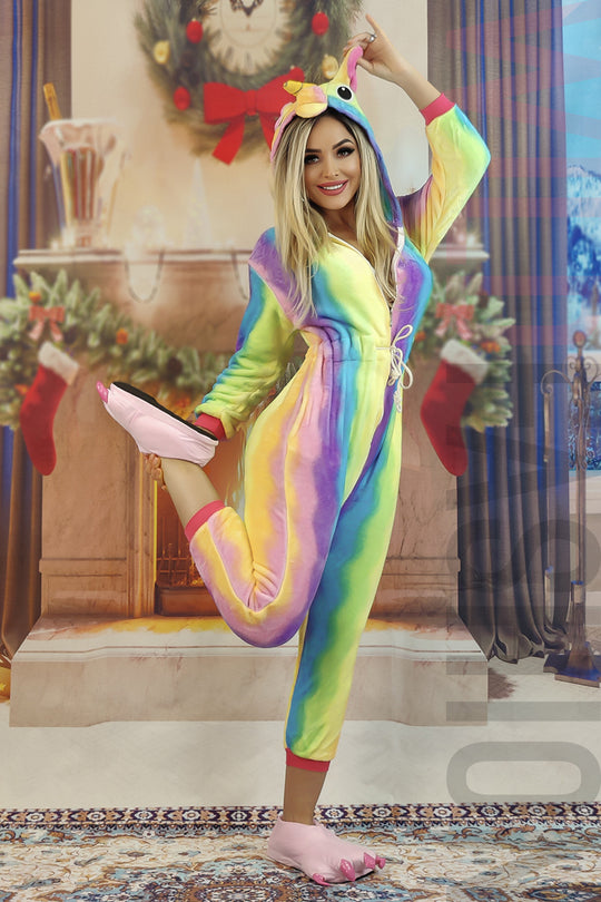 Pijama kigurumi din material pufos si model unicorn colorat PJM156A-100