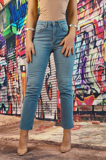 Blugi drepti cu talie inalta din denim usor elastic F913-411