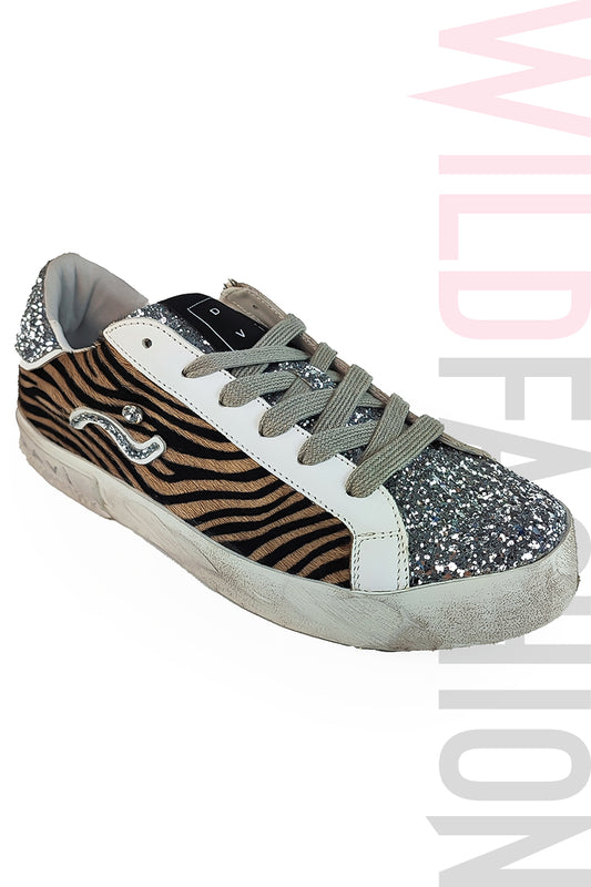 Adidasi casual DAVI din piele naturala cu model leopard si strasuri argintii CH37-99