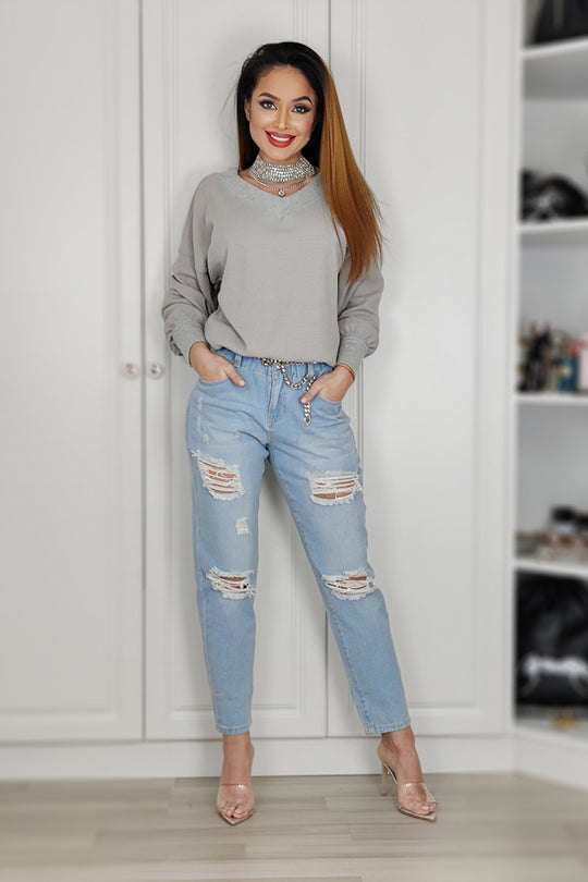 Pulover cu decolteu in V si maneci largi J463-18