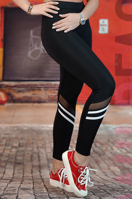 Colanti sport cu talie medie din material elastic si dungi albe L863-1