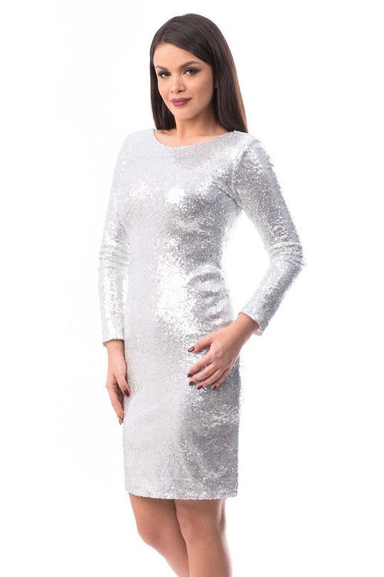 Rochie scurta de ocazie decorata cu paiete in intregime si maneci lungi M608-6