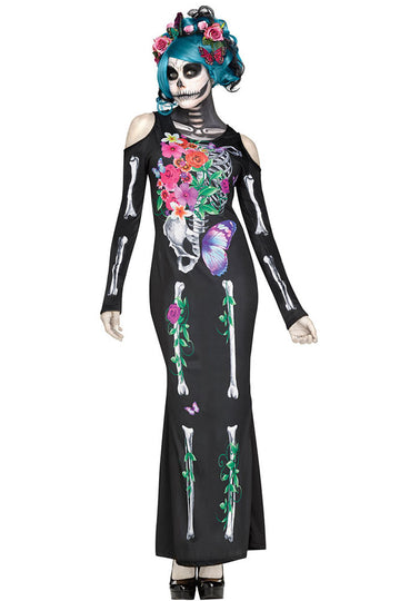 N544-1 Rochie tematica de Halloween  cu imprimeu schelet
