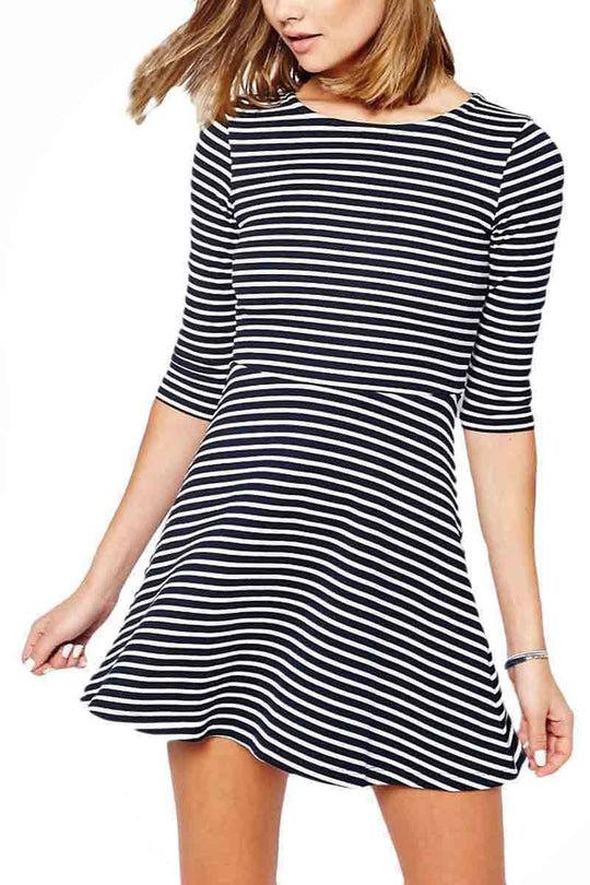 Rochie din bumbac cu maneci trei sferturi si imprimeu cu dungi orizontale P622-244