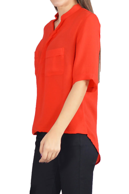 P631-3 Camasa vaporoasa rosie  cu buzunare si maneci scurte