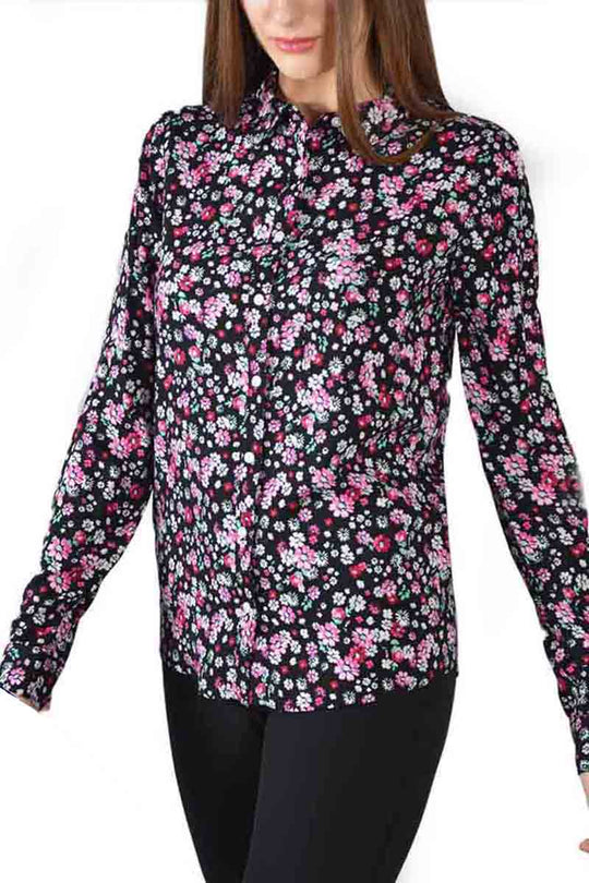 P637-151 Camasa clasica neagra  cu imprimeu floral si maneci lungi