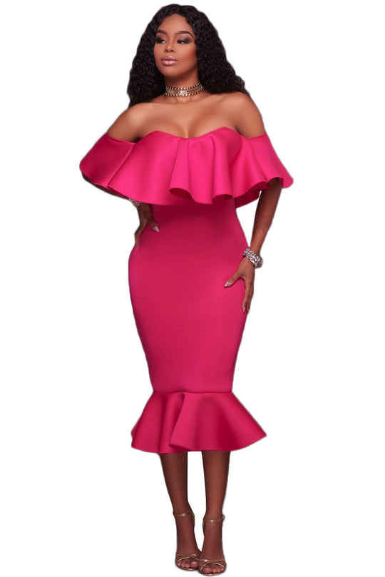 R523-55 Rochie midi de party, cu umerii goi si volanase