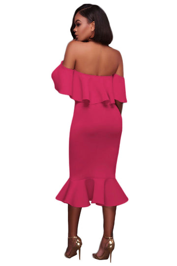 R523-55 Rochie midi de party, cu umerii goi si volanase